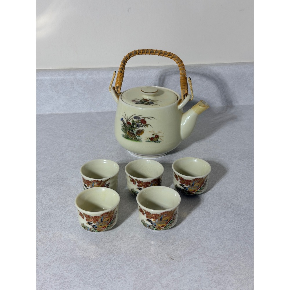 Vintage Japanese Porcelain Tea Set Pheasant Quail Floral 6pc Teapot 5 Cups Japan